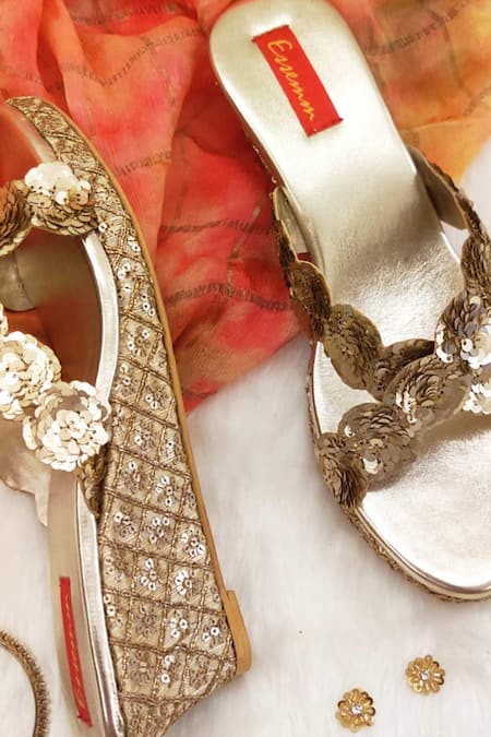 Shop Essemm Gold Sequins, Embroidery Cross Strap Floral Wedges at Aza Fashions Shop_Essemm_Gold Sequins, Embroidery Cross Strap Floral Wedges _at_Aza_Fashions