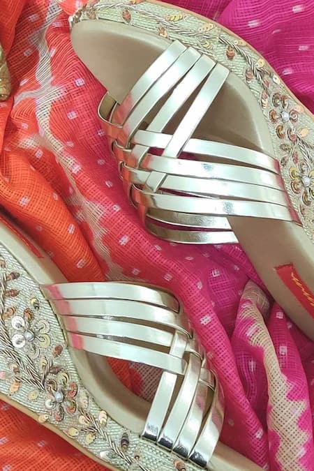 Shop Essemm Gold Embroidery, Sequins Floral Cross Strap Wedges at Aza Fashions Shop_Essemm_Gold Embroidery, Sequins Floral Cross Strap Wedges _at_Aza_Fashions
