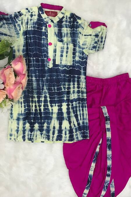 Buy_Kirti Agarwal - Pret N Couture_Blue Chanderi Silk Tie Dye Kurta And Dhoti Pant Set _Online_at_Aza_Fashions