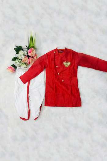 Buy_Kirti Agarwal - Pret N Couture_Red Satin, Embroidery Overlay Kurta And Dhoti Pant Set _Online_at_Aza_Fashions