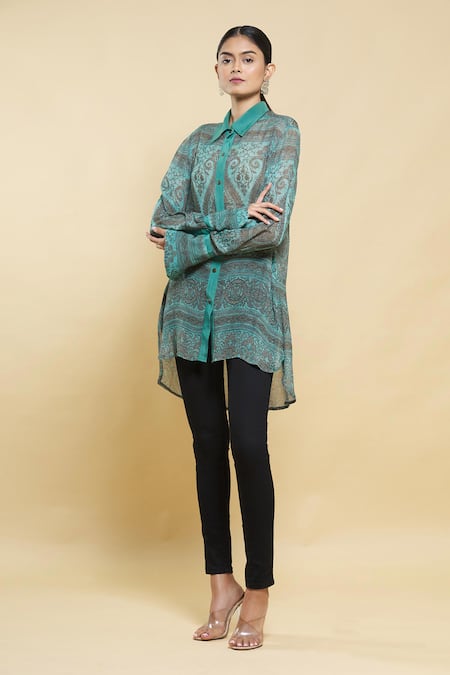 Kartikeya India_Green Silk Georgette Printed Shirt Tunic _Online_at_Aza_Fashions