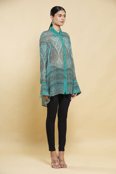 Buy_Kartikeya India_Green Silk Georgette Printed Shirt Tunic _Online_at_Aza_Fashions