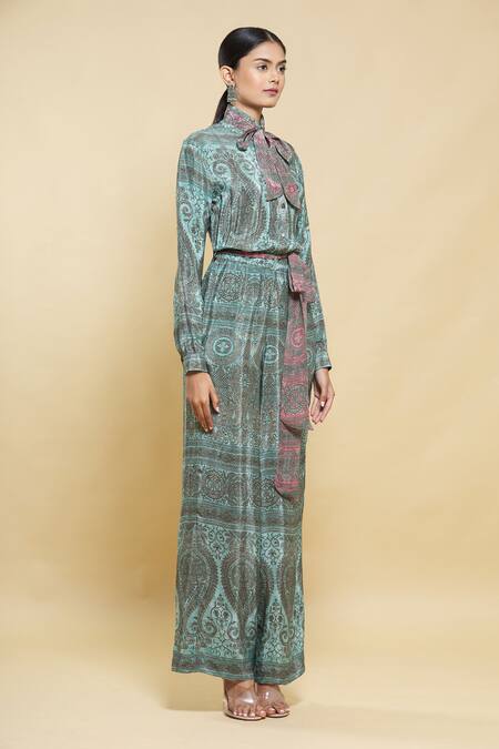Kartikeya India_Green Crepe Printed Jumpsuit_Online_at_Aza_Fashions