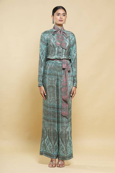 Buy_Kartikeya India_Green Crepe Printed Jumpsuit_Online_at_Aza_Fashions
