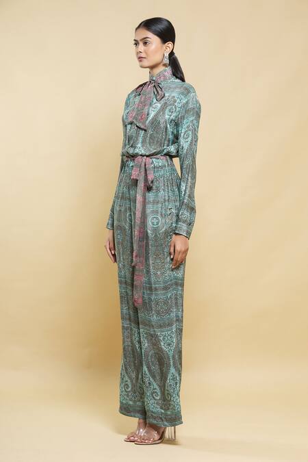Shop_Kartikeya India_Green Crepe Printed Jumpsuit_Online_at_Aza_Fashions