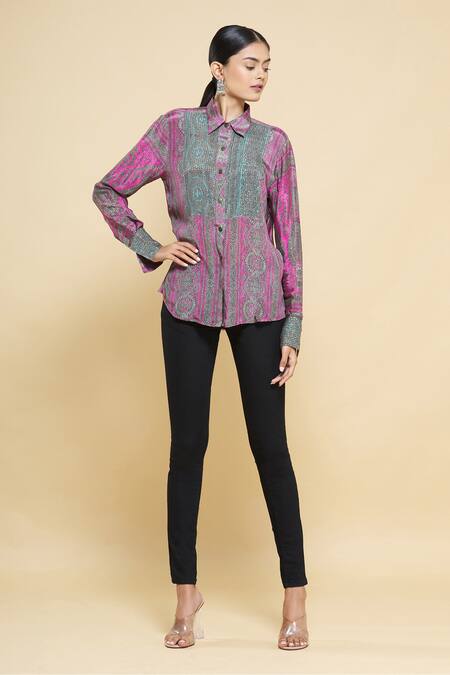Kartikeya India_Pink Silk Crepe Printed Shirt_Online_at_Aza_Fashions