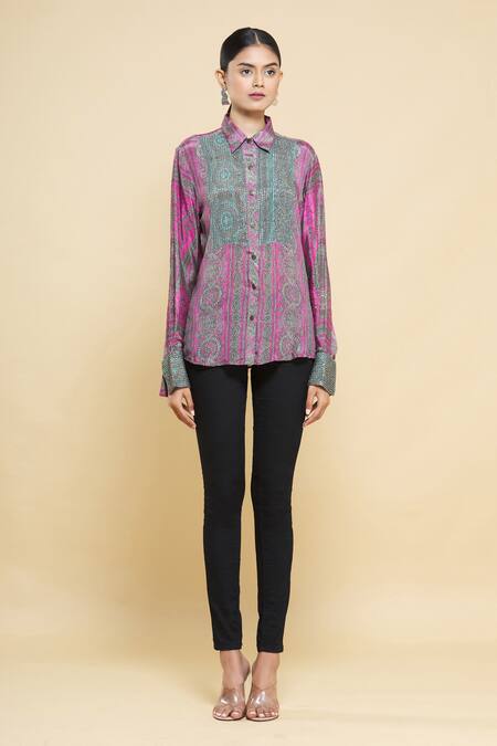Shop_Kartikeya India_Pink Silk Crepe Printed Shirt_Online_at_Aza_Fashions