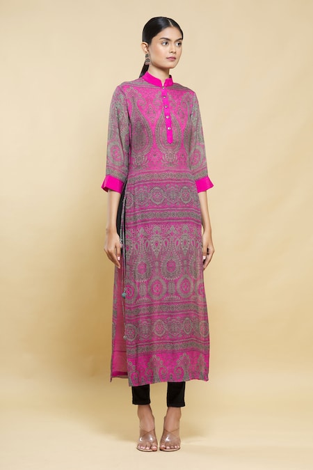 Kartikeya India_Pink Silk Georgette Printed Kurta _Online_at_Aza_Fashions