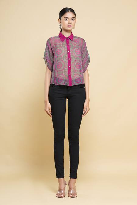 Kartikeya India_Pink Crepe, Georgette Printed Shirt_Online_at_Aza_Fashions