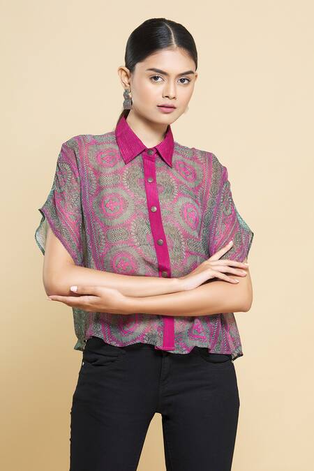 Shop_Kartikeya India_Pink Crepe, Georgette Printed Shirt_Online_at_Aza_Fashions