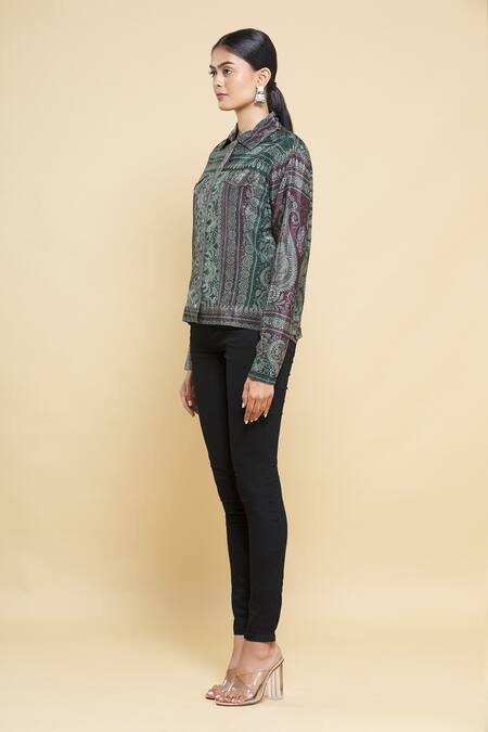 Shop_Kartikeya India_Green Silk Crepe Jacket_Online_at_Aza_Fashions