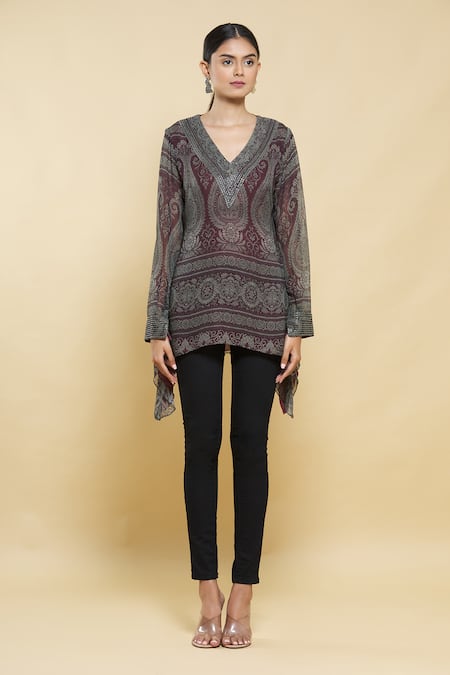 Kartikeya India_Maroon Silk Georgette Kurta _Online_at_Aza_Fashions