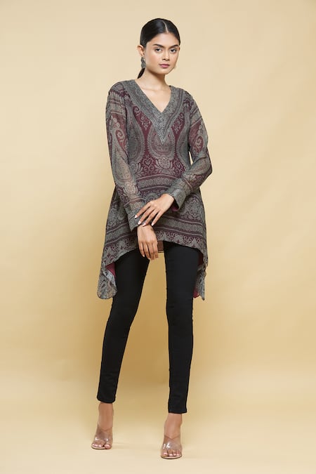 Buy_Kartikeya India_Maroon Silk Georgette Kurta _Online_at_Aza_Fashions