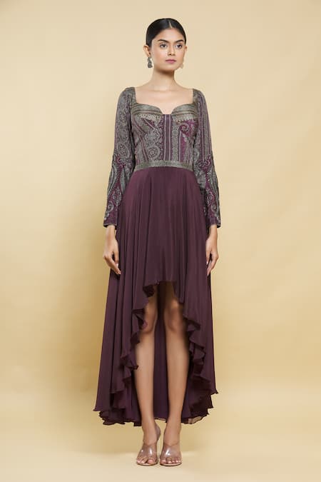 Buy_Kartikeya India_Maroon Silk Crepe Embroidered Dress_Online_at_Aza_Fashions