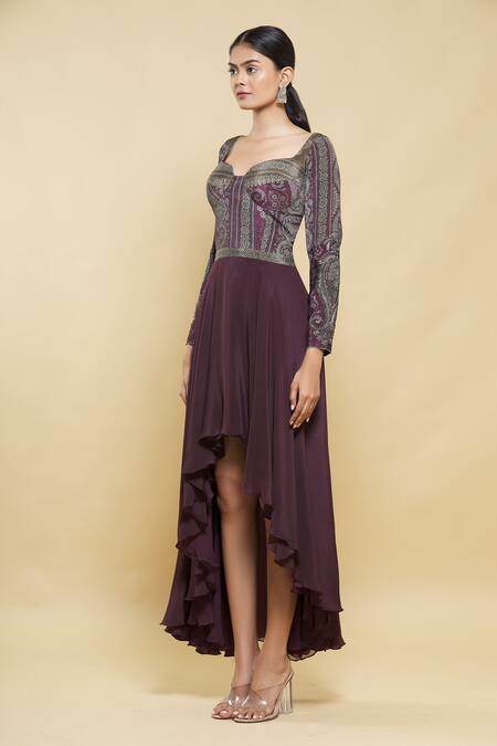 Shop_Kartikeya India_Maroon Silk Crepe Embroidered Dress_Online_at_Aza_Fashions