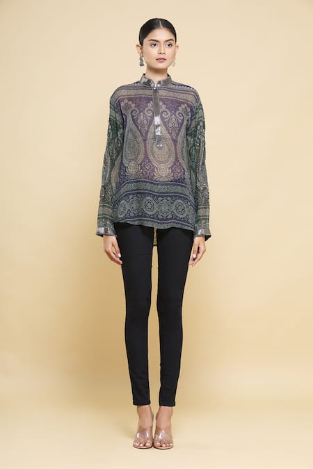 Shop_Kartikeya India_Blue Silk Georgette Top_Online_at_Aza_Fashions