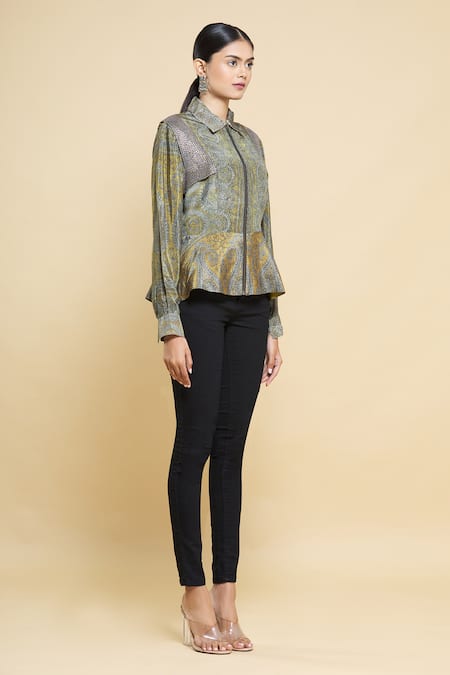 Kartikeya India_Yellow Silk Crepe Peplum Top_Online_at_Aza_Fashions