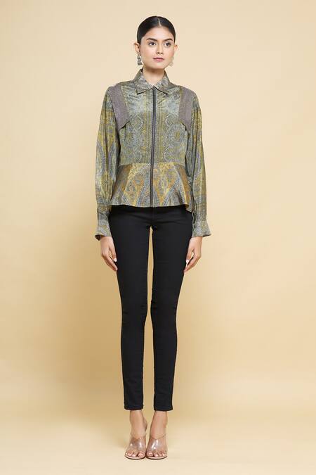 Shop_Kartikeya India_Yellow Silk Crepe Peplum Top_Online_at_Aza_Fashions