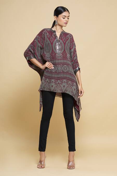 Kartikeya India_Maroon Silk Georgette Kaftan_Online_at_Aza_Fashions