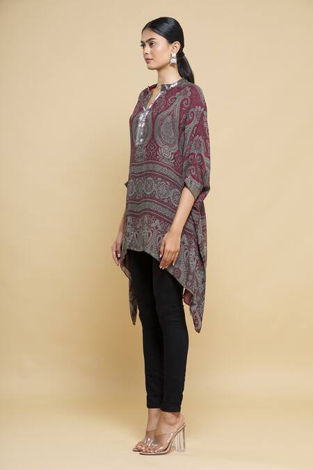 Shop_Kartikeya India_Maroon Silk Georgette Kaftan_Online_at_Aza_Fashions