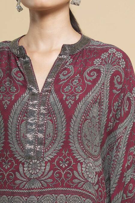 Kartikeya India_Maroon Silk Georgette Kaftan_at_Aza_Fashions