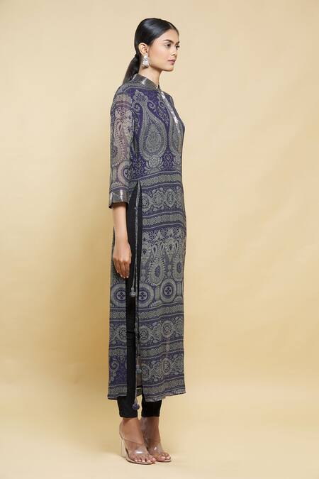 Kartikeya India_Blue Silk Georgette Kurta _Online_at_Aza_Fashions