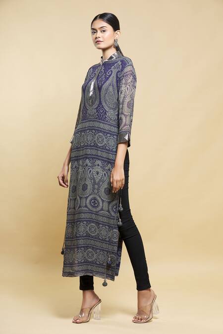 Buy_Kartikeya India_Blue Silk Georgette Kurta _Online_at_Aza_Fashions