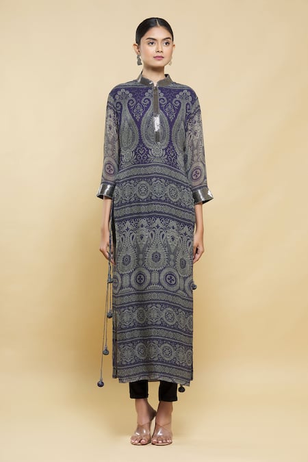 Shop_Kartikeya India_Blue Silk Georgette Kurta _Online_at_Aza_Fashions