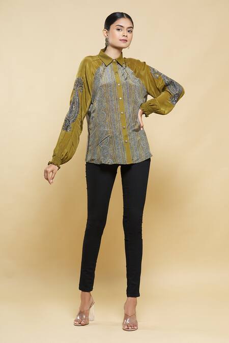Buy_Kartikeya India_Yellow Silk Crepe Shirt_Online_at_Aza_Fashions