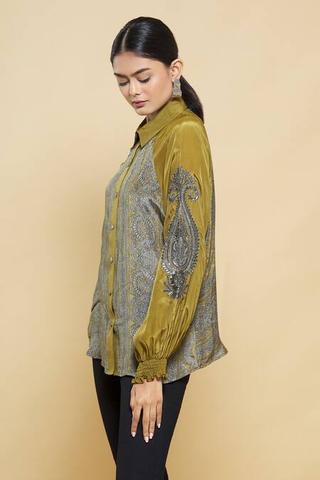 Shop_Kartikeya India_Yellow Silk Crepe Shirt_Online_at_Aza_Fashions