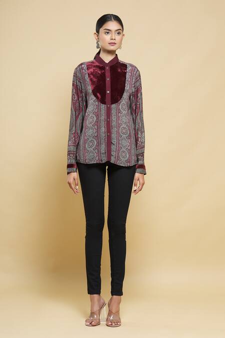 Kartikeya India_Maroon Velvet, Crepe Printed Shirt_Online_at_Aza_Fashions