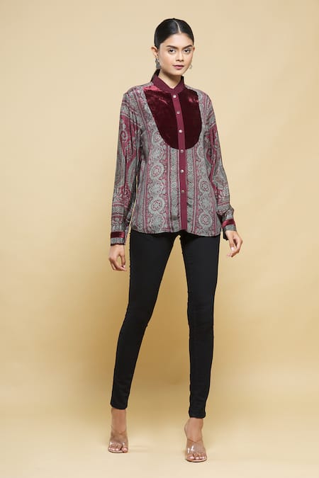 Buy_Kartikeya India_Maroon Velvet, Crepe Printed Shirt_Online_at_Aza_Fashions