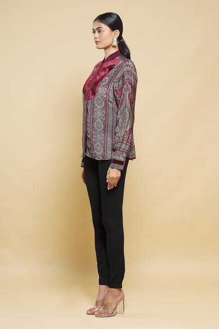 Shop_Kartikeya India_Maroon Velvet, Crepe Printed Shirt_Online_at_Aza_Fashions