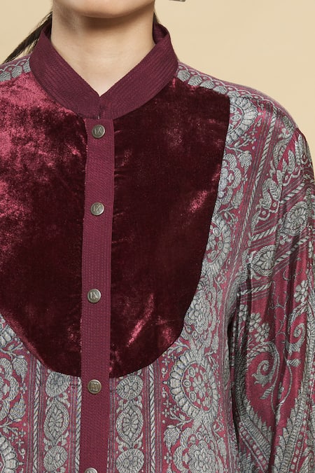 Kartikeya India_Maroon Velvet, Crepe Printed Shirt_at_Aza_Fashions