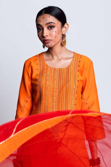 Label Earthen_Orange Chanderi Silk, Organza Embroidery Kurta Set For Kids_Online_at_Aza_Fashions