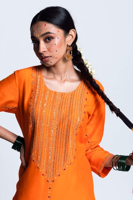 Buy_Label Earthen_Orange Chanderi Silk, Organza Embroidery Kurta Set For Kids_Online_at_Aza_Fashions