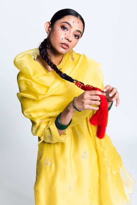 Label Earthen_Yellow Chanderi , Organza Kurta Set _Online_at_Aza_Fashions