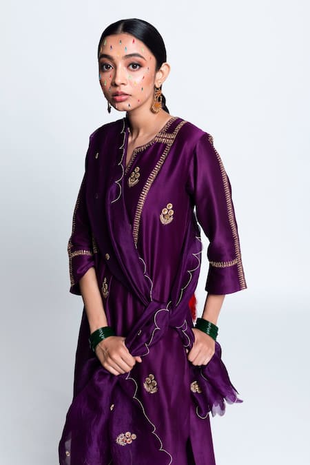 Shop_Label Earthen_Purple Chanderi , Organza Kurta Set _Online_at_Aza_Fashions