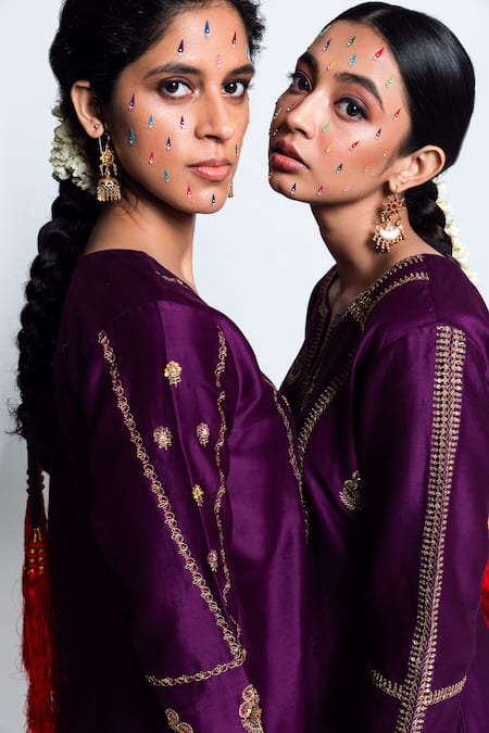 Label Earthen_Purple Chanderi , Organza Kurta Set _at_Aza_Fashions