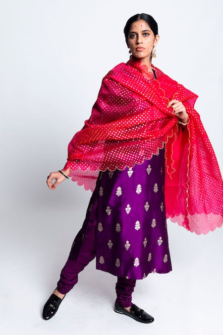 Buy_Label Earthen_Purple Banarasi, Chanderi , Organza Kurta Set _Online_at_Aza_Fashions