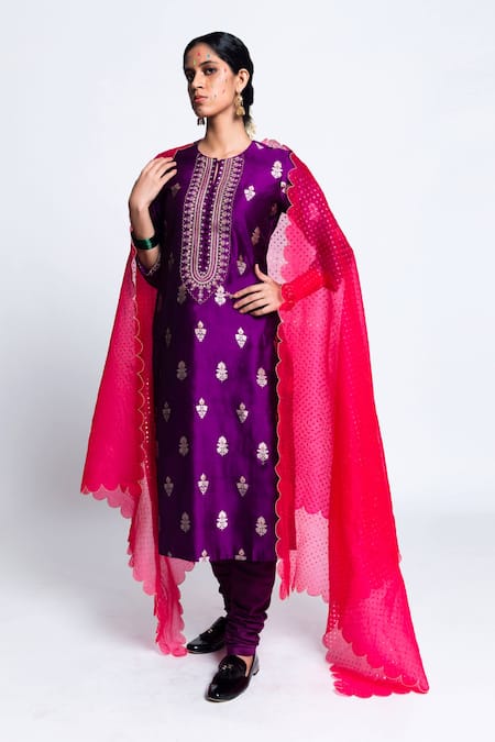 Label Earthen Purple Chanderi Silk Banarasi Kurta Set  