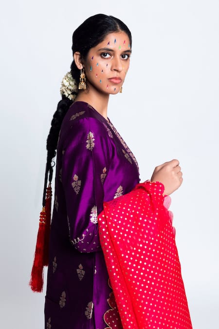 Shop_Label Earthen_Purple Banarasi, Chanderi , Organza Kurta Set _Online_at_Aza_Fashions