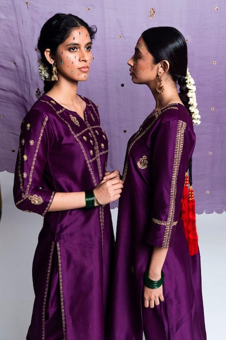 Buy_Label Earthen_Purple Chanderi Silk, Organza Embroidery Floral Kurta Set For Kids_Online_at_Aza_Fashions