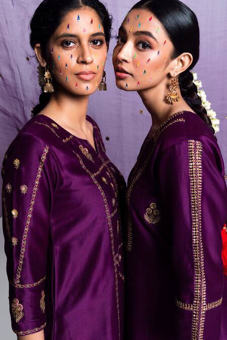 Shop_Label Earthen_Purple Chanderi Silk, Organza Embroidery Floral Kurta Set For Kids_Online_at_Aza_Fashions