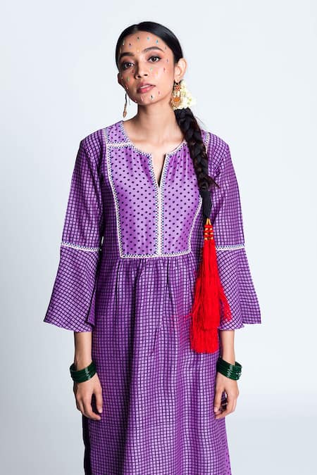 Label Earthen_Purple Chanderi , Organza Kurta Set _Online_at_Aza_Fashions