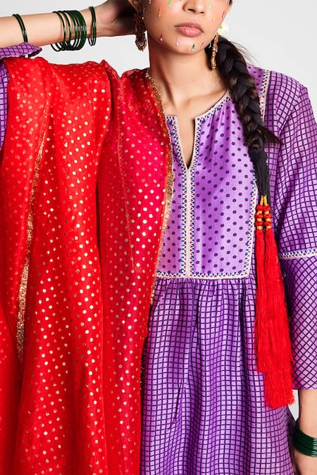 Buy_Label Earthen_Purple Chanderi , Organza Kurta Set _Online_at_Aza_Fashions