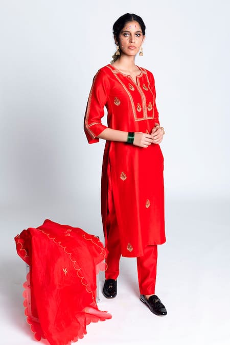 Label Earthen Red Chanderi , Organza Kurta Set 