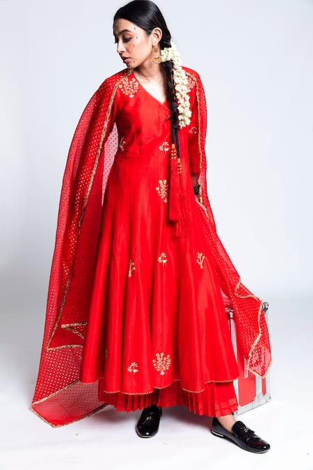 Shop Label Earthen Red Chanderi , Organza Anarkali Set at Aza Fashions Shop_Label Earthen_Red Chanderi , Organza Anarkali Set _at_Aza_Fashions