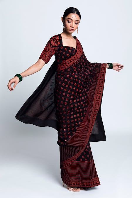 Shop Label Earthen Black Chanderi Silk Printed Saree at Aza Fashions Shop_Label Earthen_Black Chanderi Silk Printed Saree _at_Aza_Fashions