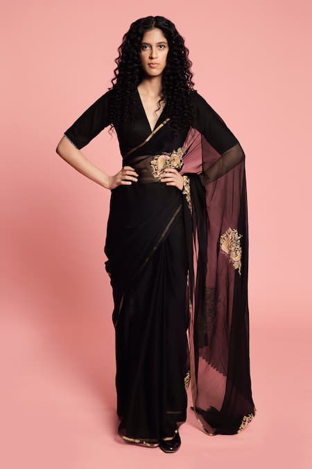 Shop Label Earthen Black Chiffon Silk Embroidered Saree With Blouse at Aza Fashions Shop_Label Earthen_Black Chiffon Silk Embroidered Saree With Blouse _at_Aza_Fashions